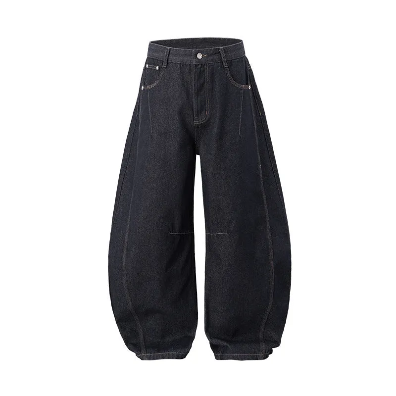 Men's wide leg denim trousers in original cow colour on a mid waist