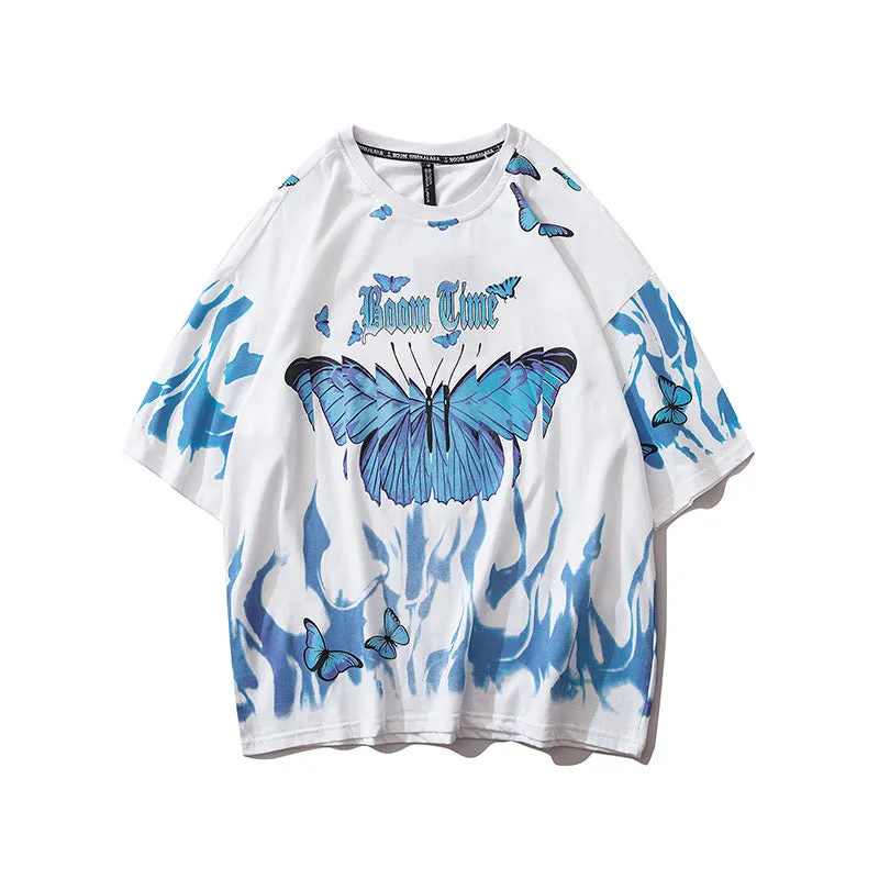 Tide short-sleeved butterfly T-shirt for men in black and white, cotton fabric, casual fitness wear