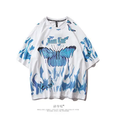 Tide short-sleeved butterfly T-shirt for men in black and white, cotton fabric, casual fitness wear