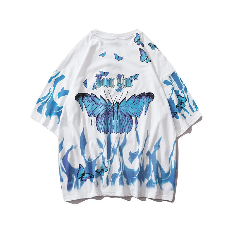 Tide short-sleeved butterfly T-shirt for men in black and white, cotton fabric, casual fitness wear