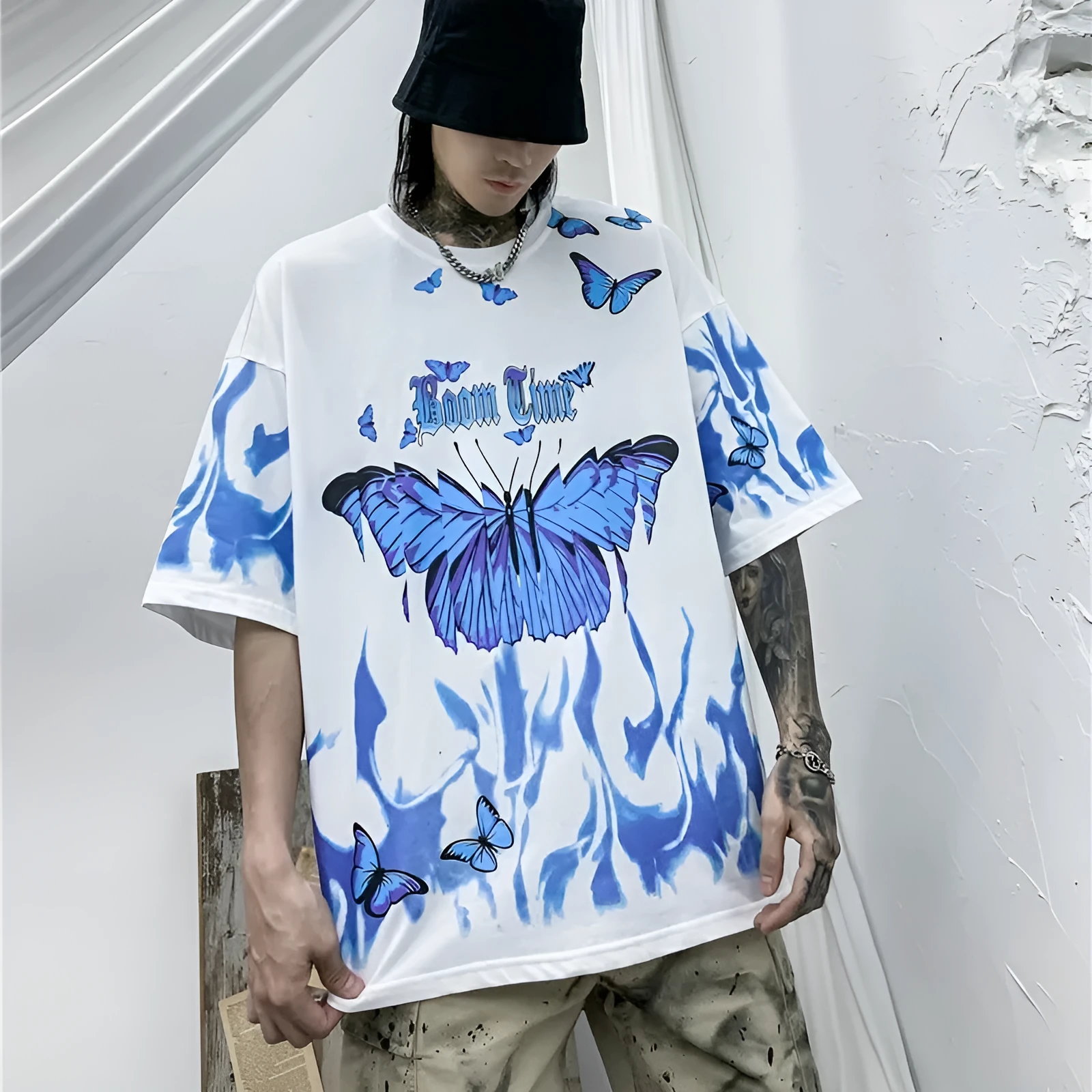 Tide short-sleeved butterfly T-shirt for men in black and white, cotton fabric, casual fitness wear