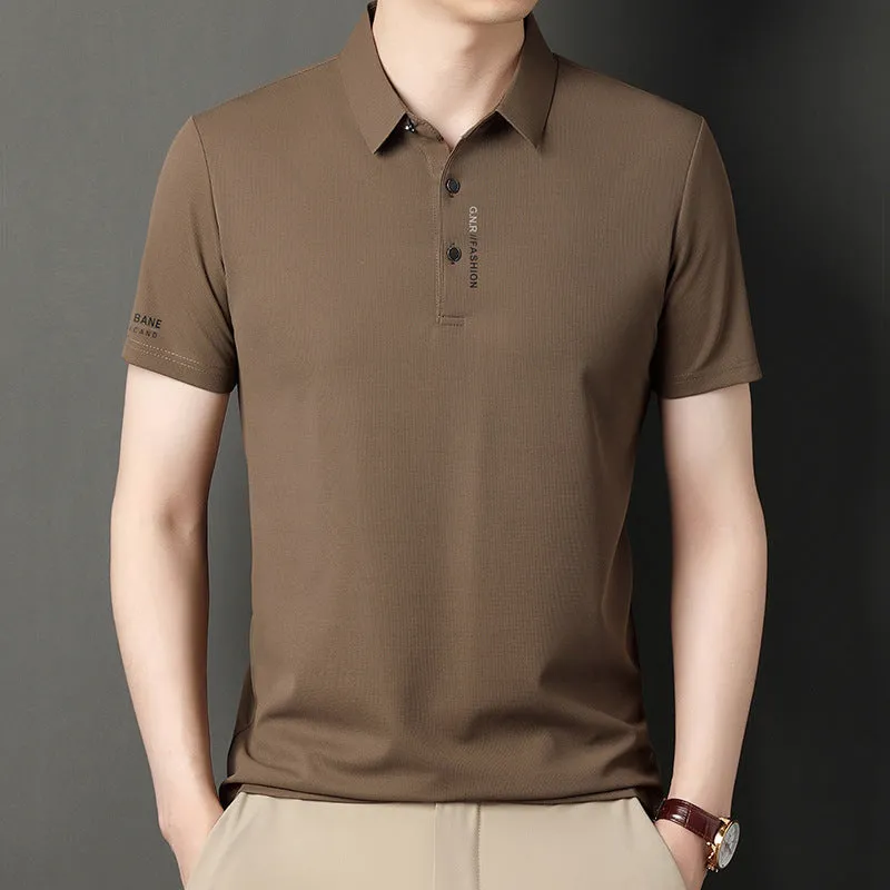 Men's waffle short sleeve polo shirt in bean green, loose fit with side slits, on plain background