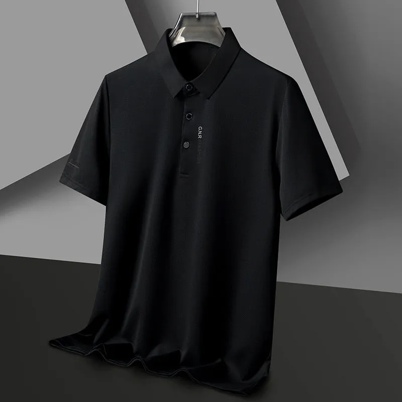 Men's waffle short sleeve polo shirt in bean green, loose fit with side slits, on plain background