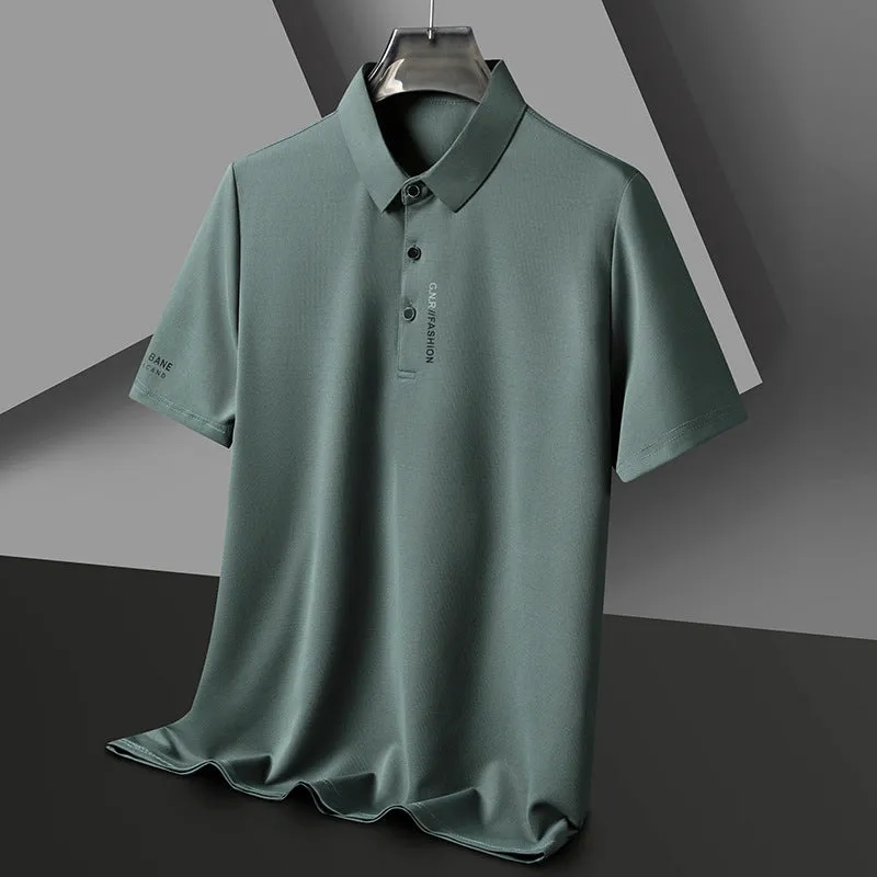 Men's waffle short sleeve polo shirt in bean green, loose fit with side slits, on plain background
