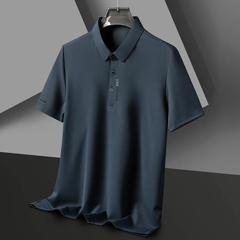 Men's waffle short sleeve polo shirt in bean green, loose fit with side slits, on plain background