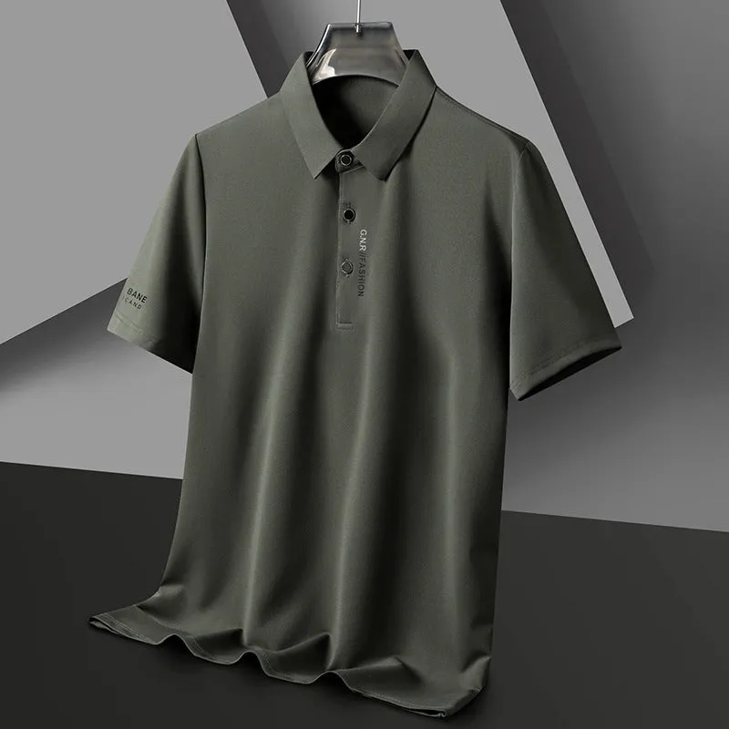Men's waffle short sleeve polo shirt in bean green, loose fit with side slits, on plain background