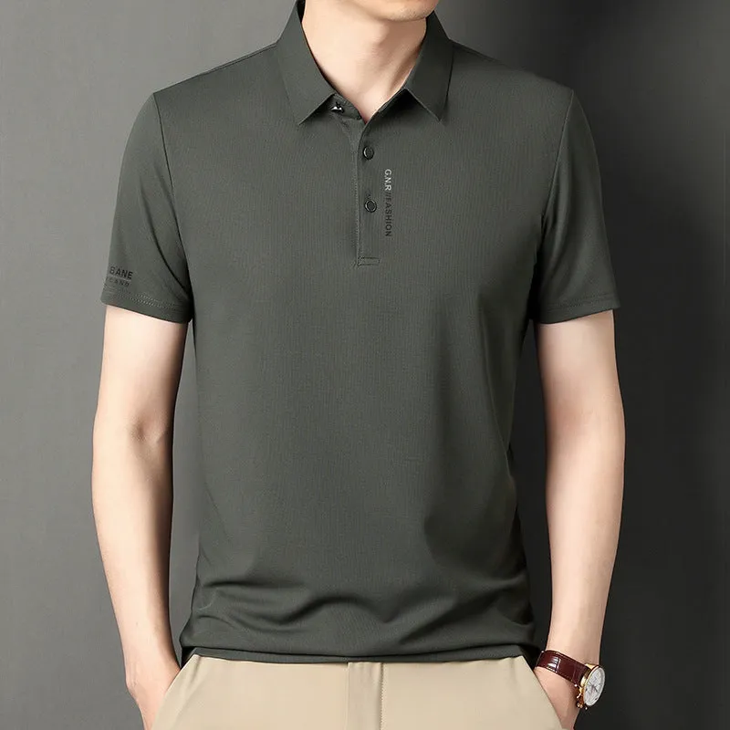 Men's waffle short sleeve polo shirt in bean green, loose fit with side slits, on plain background