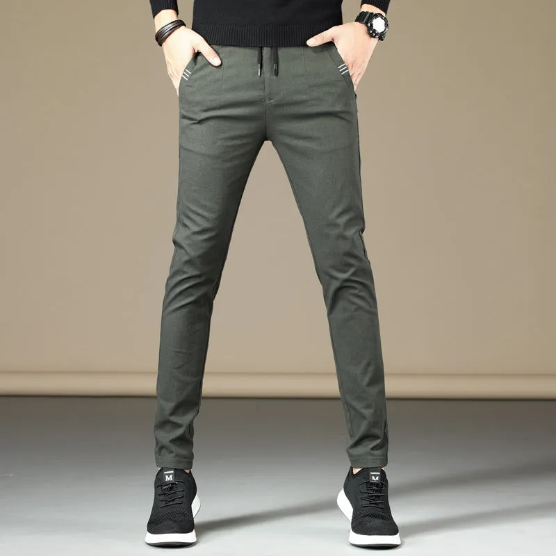 Men's cotton casual straight-leg pants in ArmyGreen, Black, Brown, and Grey, sizes 28-38