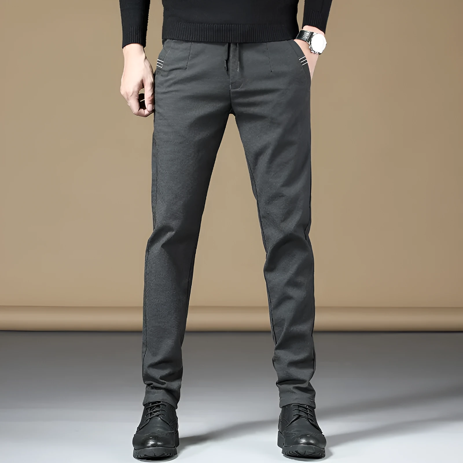 Men's cotton casual straight-leg pants in ArmyGreen, Black, Brown, and Grey, sizes 28-38