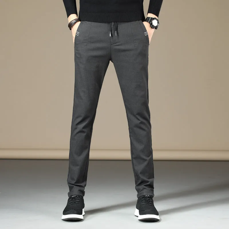 Men's cotton casual straight-leg pants in ArmyGreen, Black, Brown, and Grey, sizes 28-38