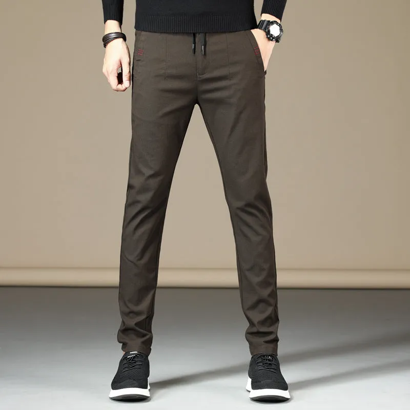 Men's cotton casual straight-leg pants in ArmyGreen, Black, Brown, and Grey, sizes 28-38