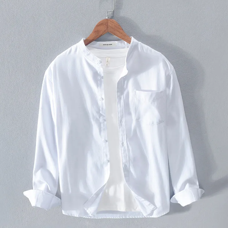 Fashion stand-up collar solid colour long-sleeved cotton linen blend shirt in black, shown on model
