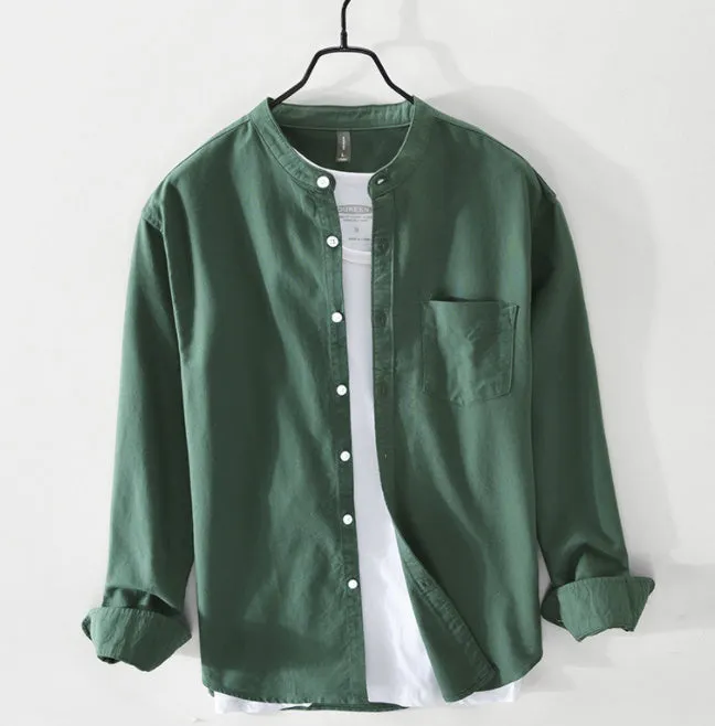 Fashion stand-up collar solid colour long-sleeved cotton linen blend shirt in black, shown on model