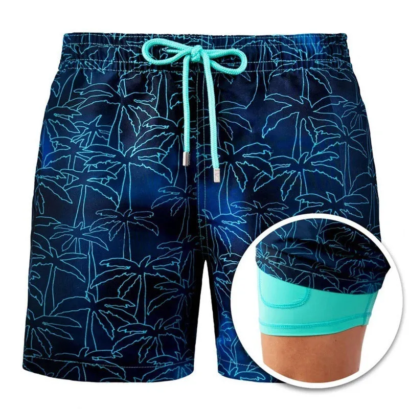 Men's cotton blend double-layer striped beach shorts in summer colour options with straight-leg cut