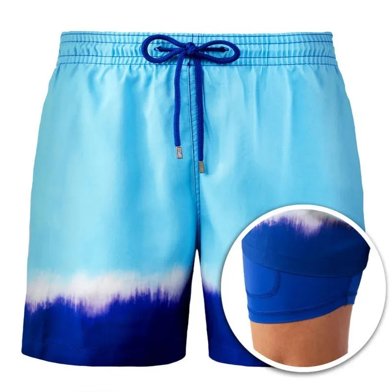 Men's cotton blend double-layer striped beach shorts in summer colour options with straight-leg cut