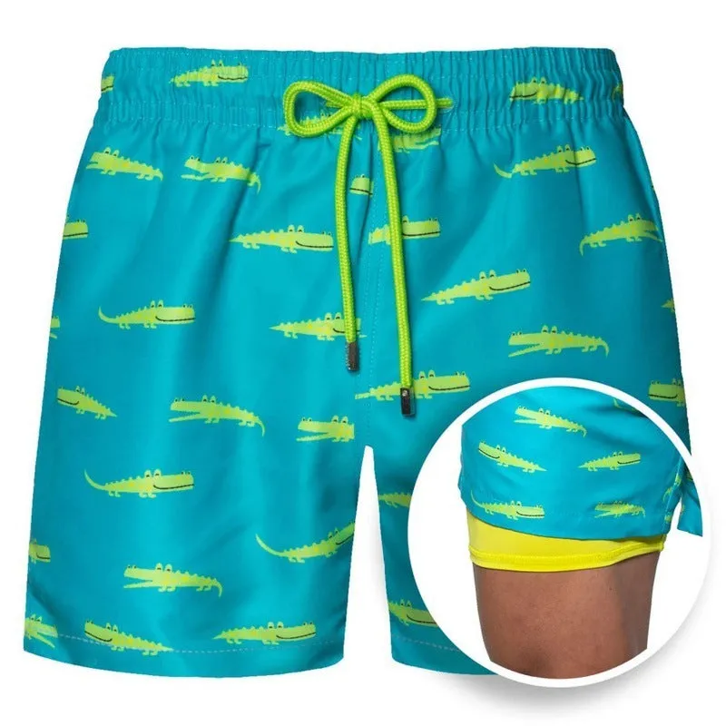 Men's cotton blend double-layer striped beach shorts in summer colour options with straight-leg cut