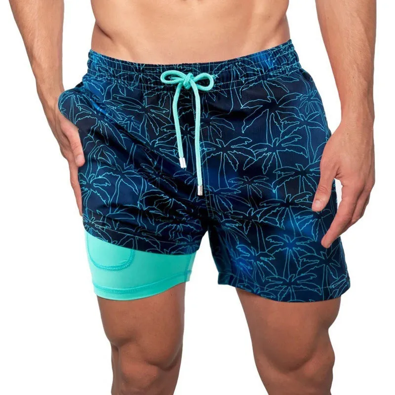 Men's cotton blend double-layer striped beach shorts in summer colour options with straight-leg cut