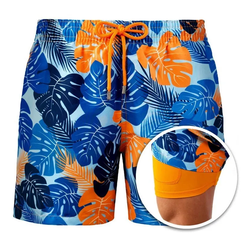 Men's cotton blend double-layer striped beach shorts in summer colour options with straight-leg cut