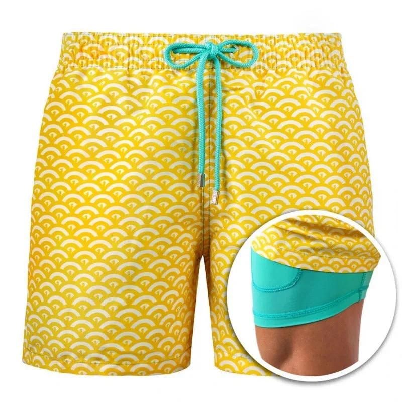 Men's cotton blend double-layer striped beach shorts in summer colour options with straight-leg cut