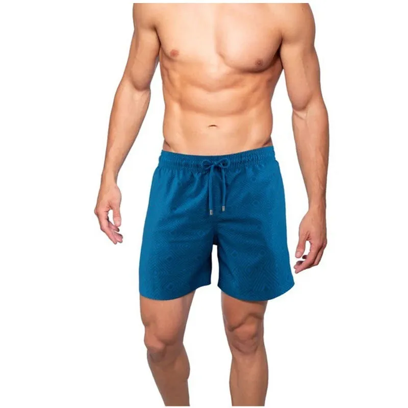 Men's cotton blend double-layer striped beach shorts in summer colour options with straight-leg cut