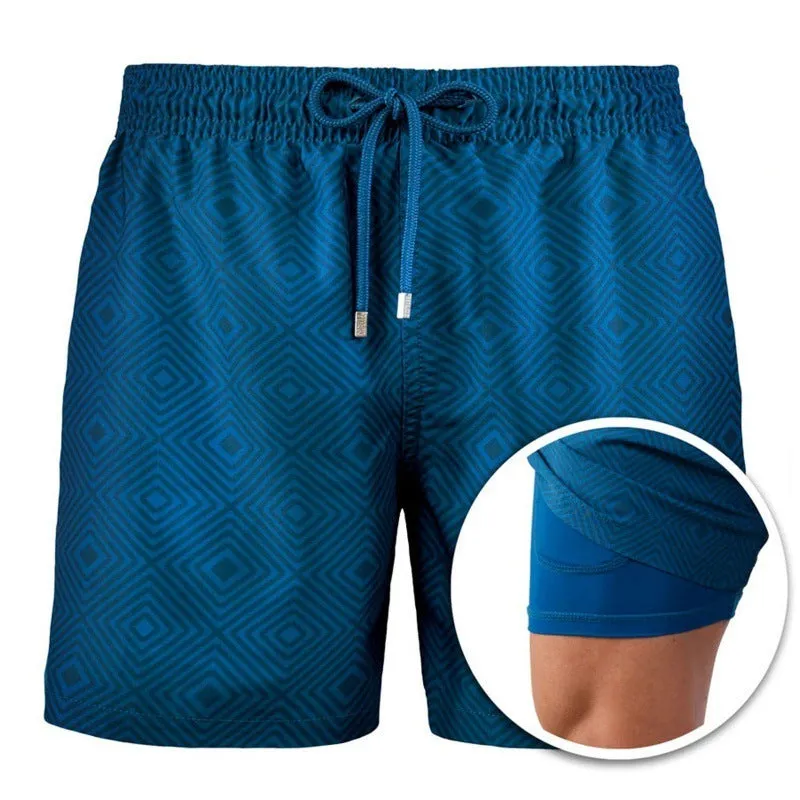 Men's cotton blend double-layer striped beach shorts in summer colour options with straight-leg cut