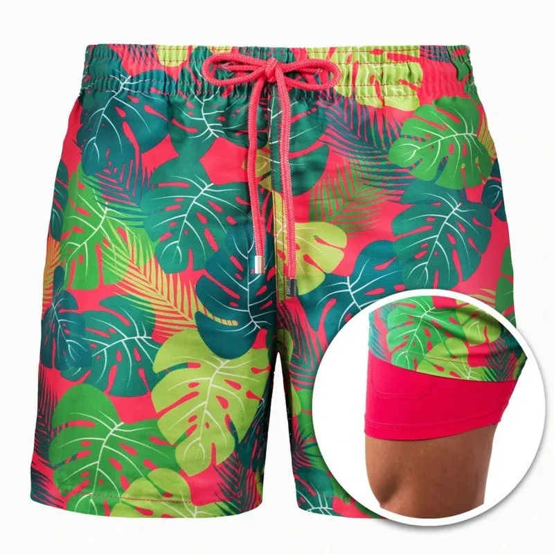 Men's cotton blend double-layer striped beach shorts in summer colour options with straight-leg cut