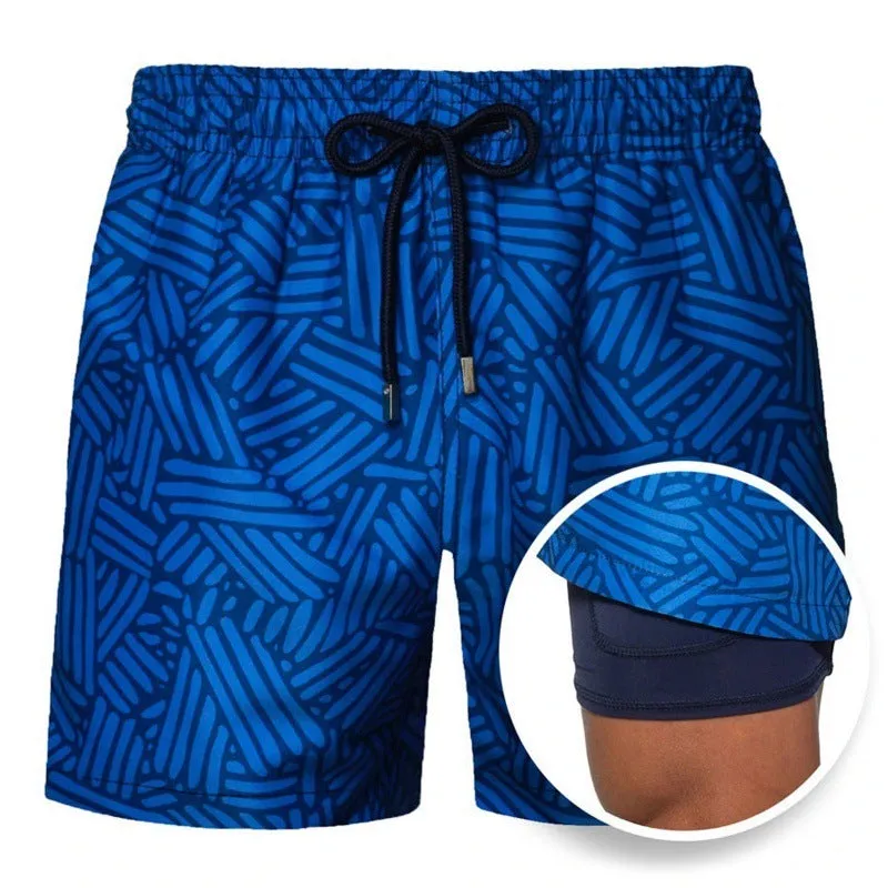 Men's cotton blend double-layer striped beach shorts in summer colour options with straight-leg cut