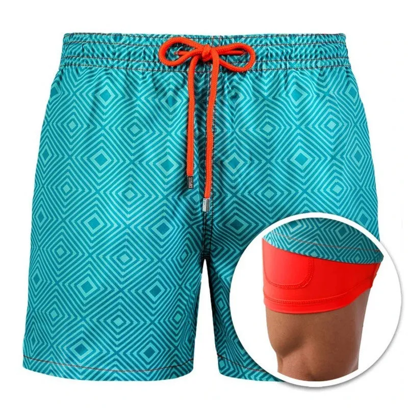 Men's cotton blend double-layer striped beach shorts in summer colour options with straight-leg cut