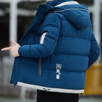 Men's casual padded polyester jacket with stand-up collar in khaki, shown with long sleeves and zipped front