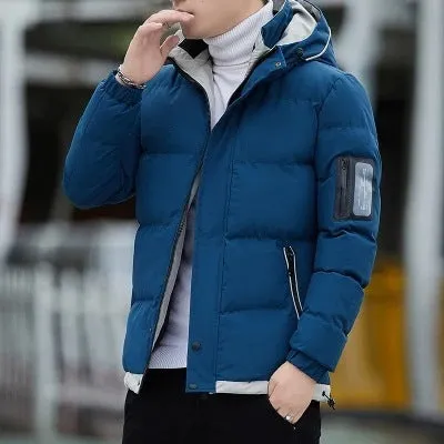 Men's casual padded polyester jacket with stand-up collar in khaki, shown with long sleeves and zipped front