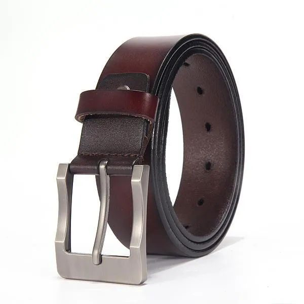 Men genuine leather belt in black colour with metal buckle on plain background showing full length