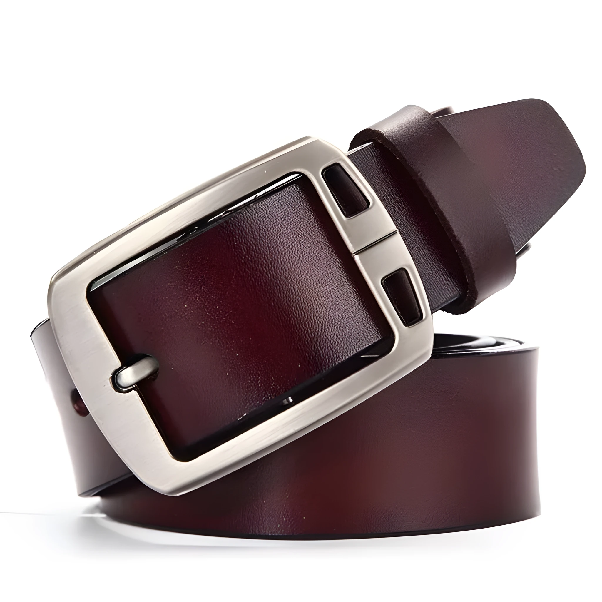 Men genuine leather belt in black colour with metal buckle on plain background showing full length