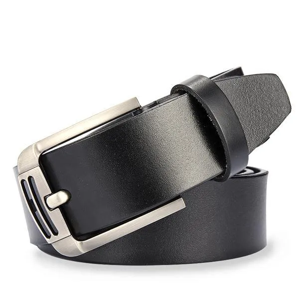 Men genuine leather belt in black colour with metal buckle on plain background showing full length
