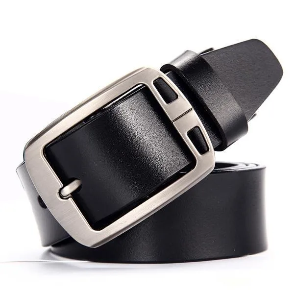 Men genuine leather belt in black colour with metal buckle on plain background showing full length