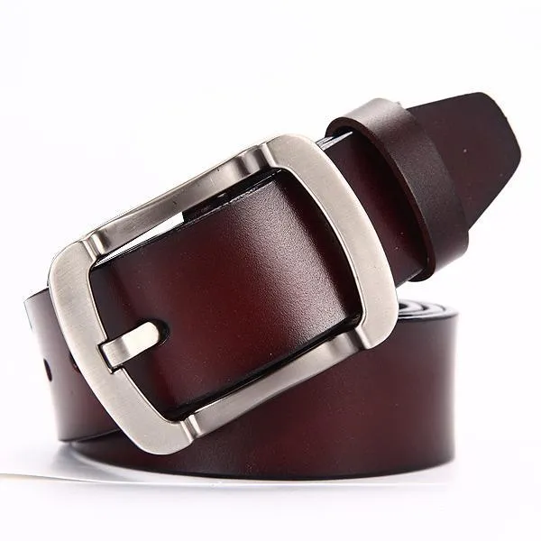 Men genuine leather belt in black colour with metal buckle on plain background showing full length