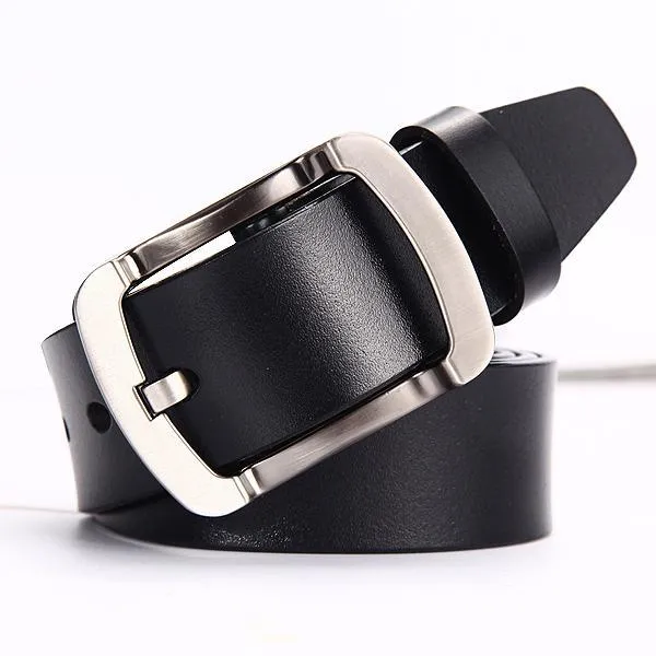 Men genuine leather belt in black colour with metal buckle on plain background showing full length