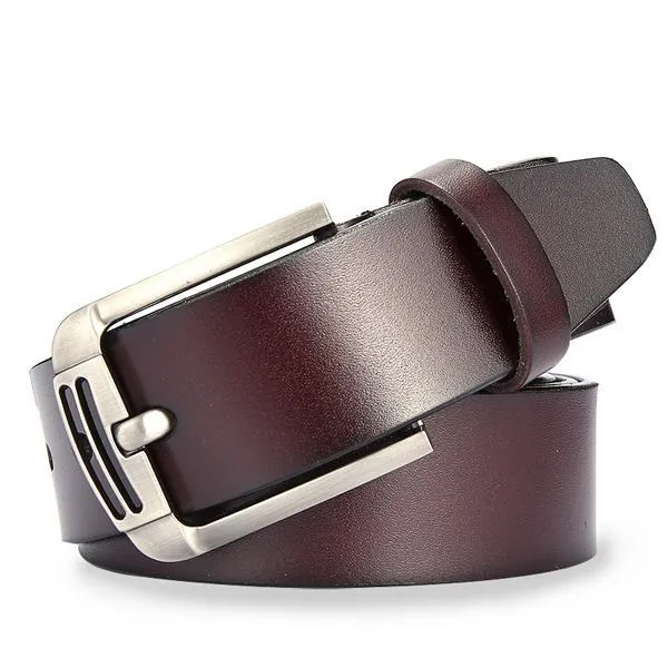 Men genuine leather belt in black colour with metal buckle on plain background showing full length