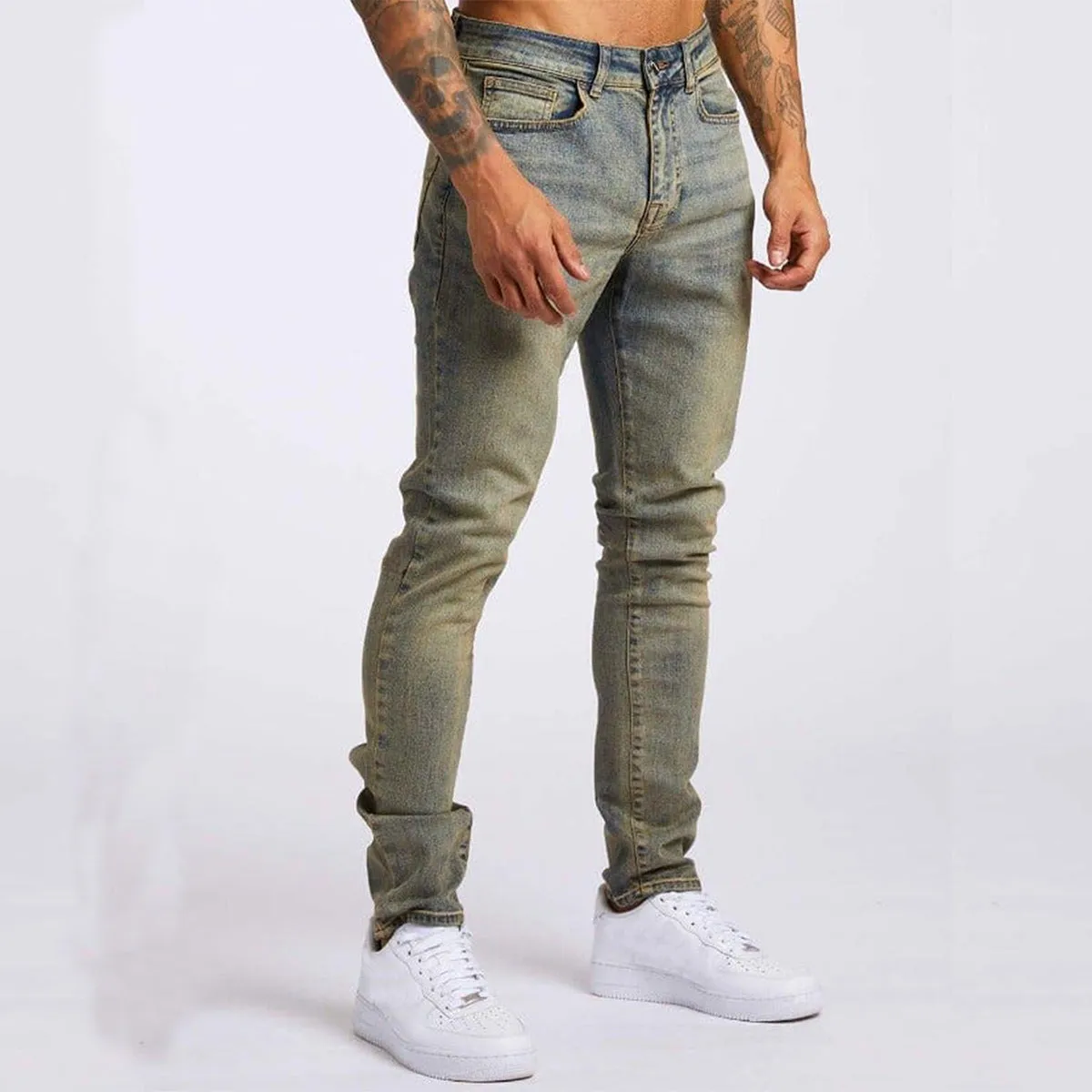 Men's fashion casual slim fit high waist jeans in light blue cotton with solid colour finish
