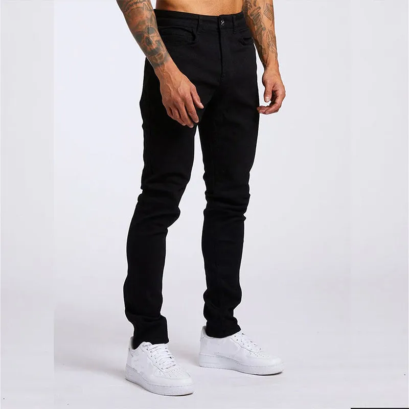 Men's fashion casual slim fit high waist jeans in light blue cotton with solid colour finish