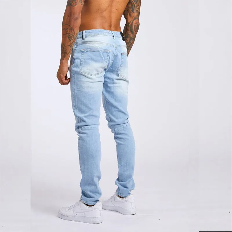 Men's fashion casual slim fit high waist jeans in light blue cotton with solid colour finish