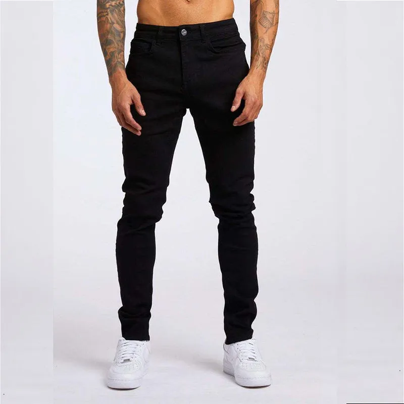 Men's fashion casual slim fit high waist jeans in light blue cotton with solid colour finish