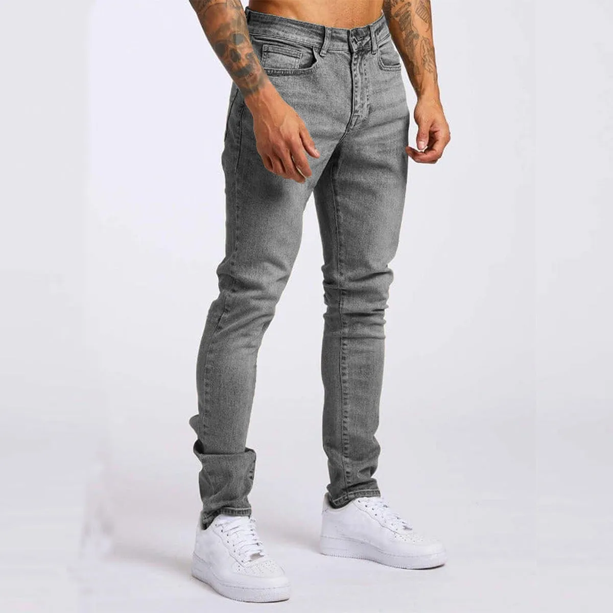 Men's fashion casual slim fit high waist jeans in light blue cotton with solid colour finish