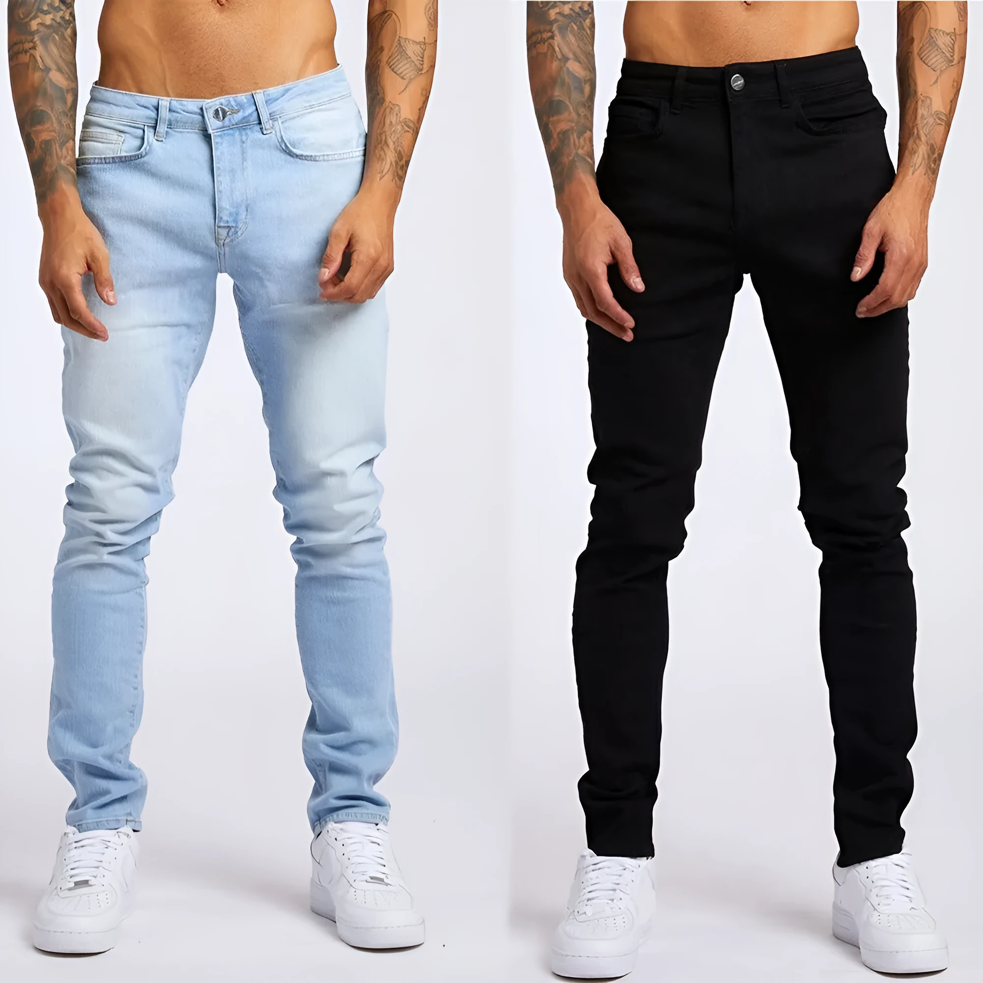 Men's fashion casual slim fit high waist jeans in light blue cotton with solid colour finish