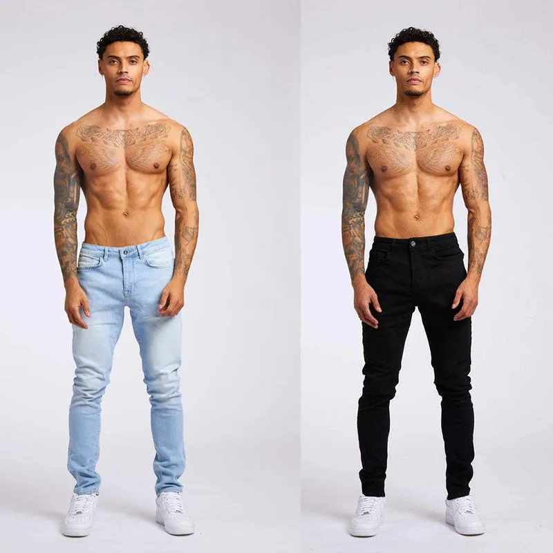 Men's fashion casual slim fit high waist jeans in light blue cotton with solid colour finish
