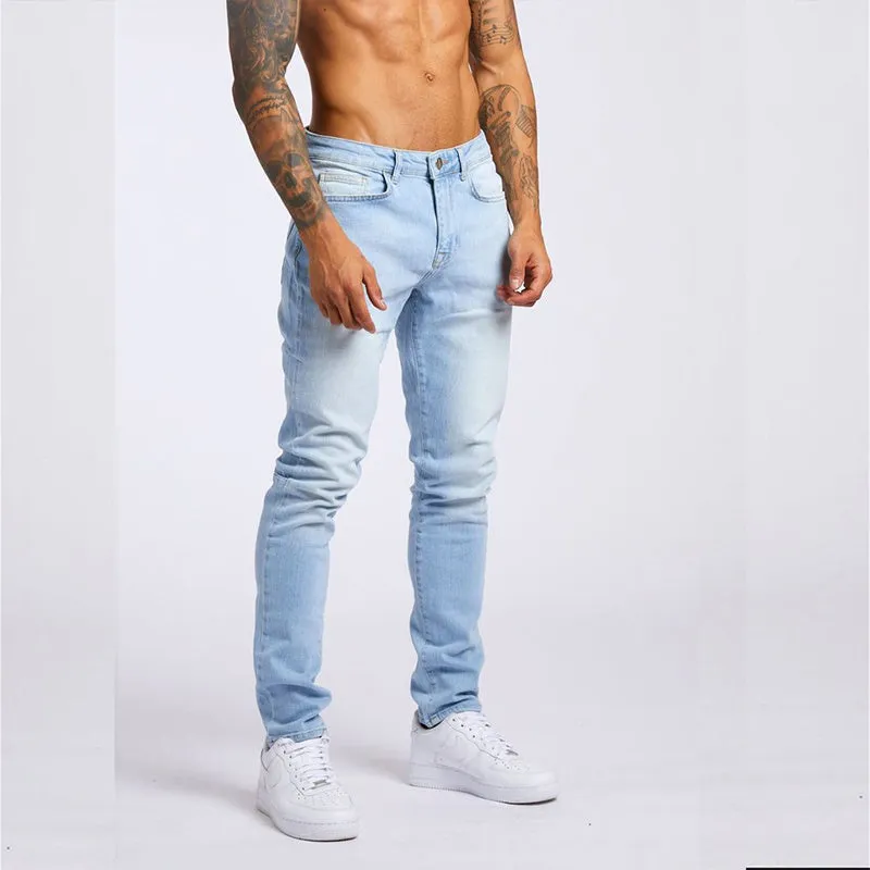 Men's fashion casual slim fit high waist jeans in light blue cotton with solid colour finish