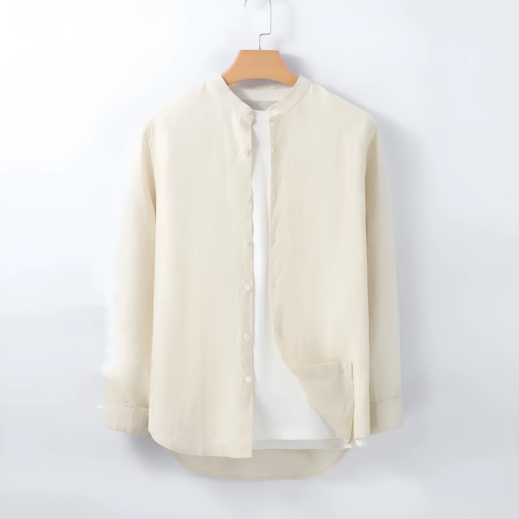 Men's cotton linen business casual shirt in beige white long sleeve button down