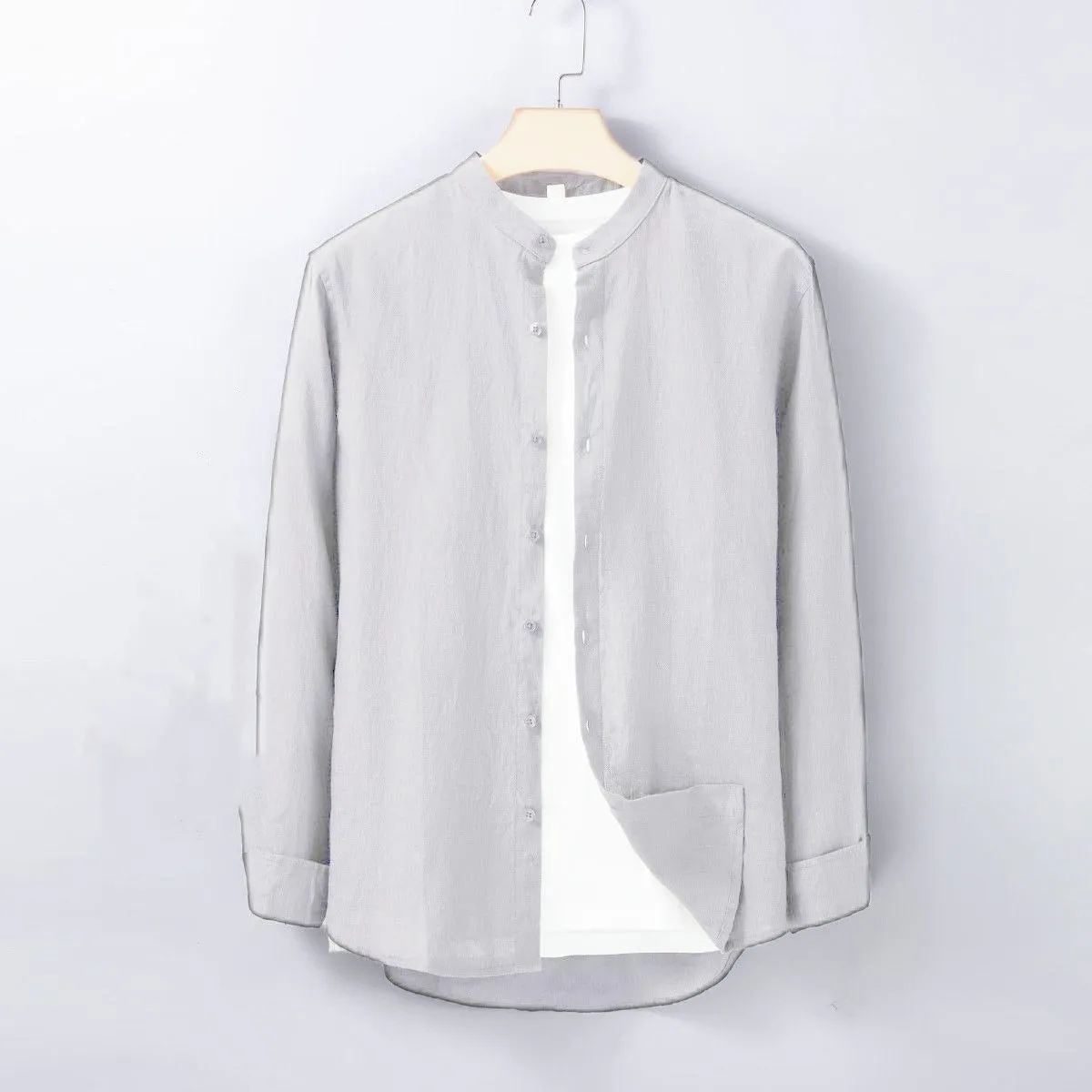 Men's cotton linen business casual shirt in beige white long sleeve button down