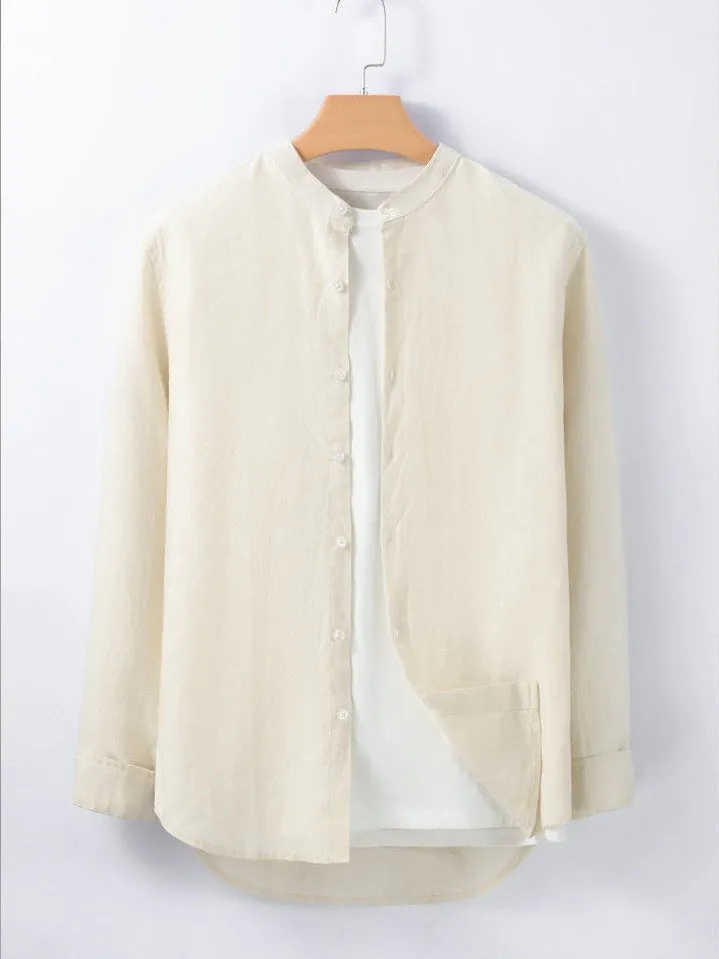Men's cotton linen business casual shirt in beige white long sleeve button down