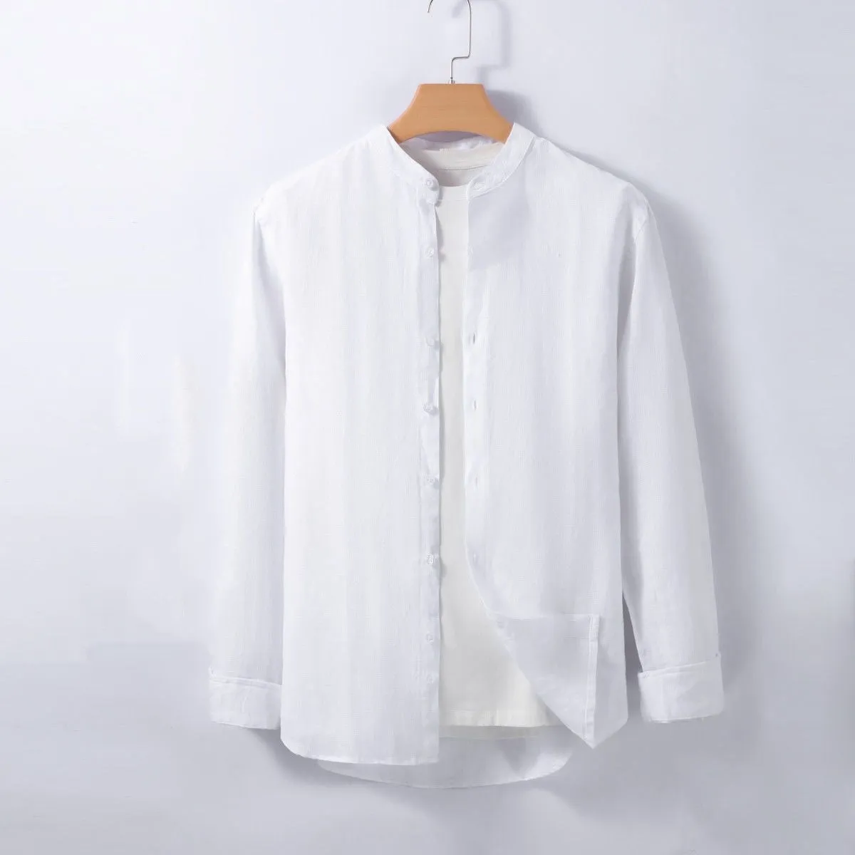Men's cotton linen business casual shirt in beige white long sleeve button down