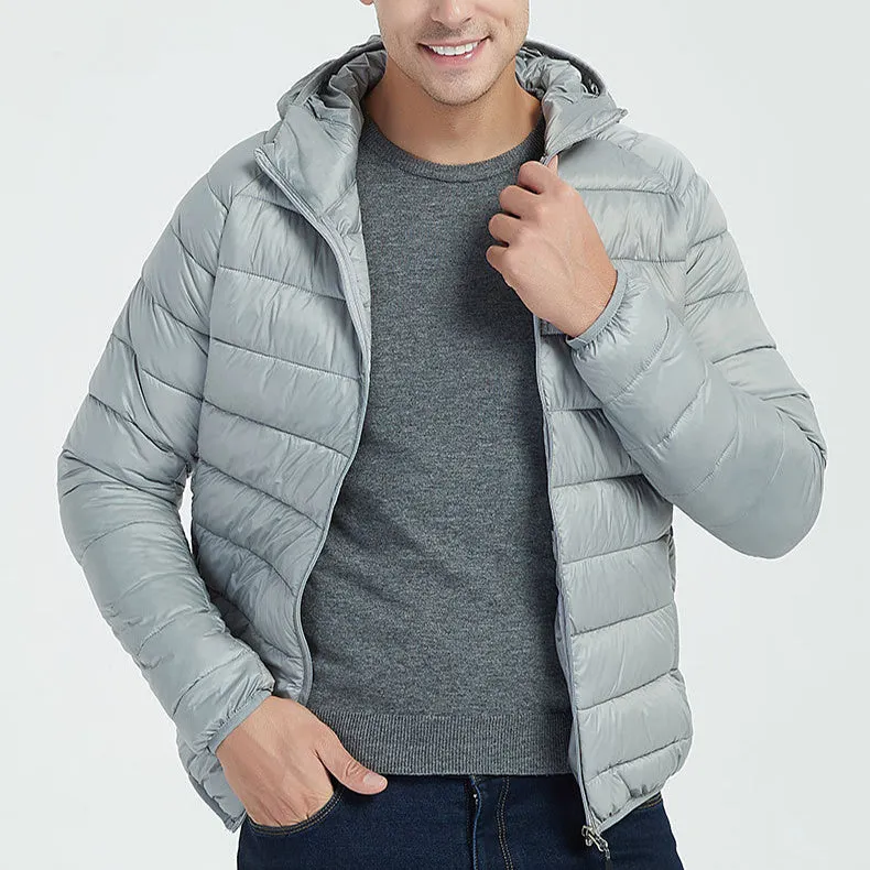 Men's lightweight hooded coat in solid colour with zipper closure, nylon outer, available in multiple colours